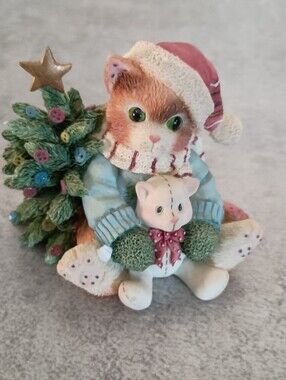 Christmas Kitten Figurine with Tree - Red Hat & Green Sweater Calico Kittens